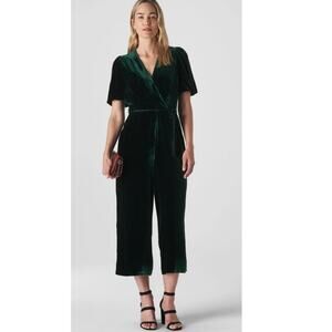 Whistles Layla Dark Green Velvet Silk Crop Jumpsuit Tassel Rope Pockets sz6 $479